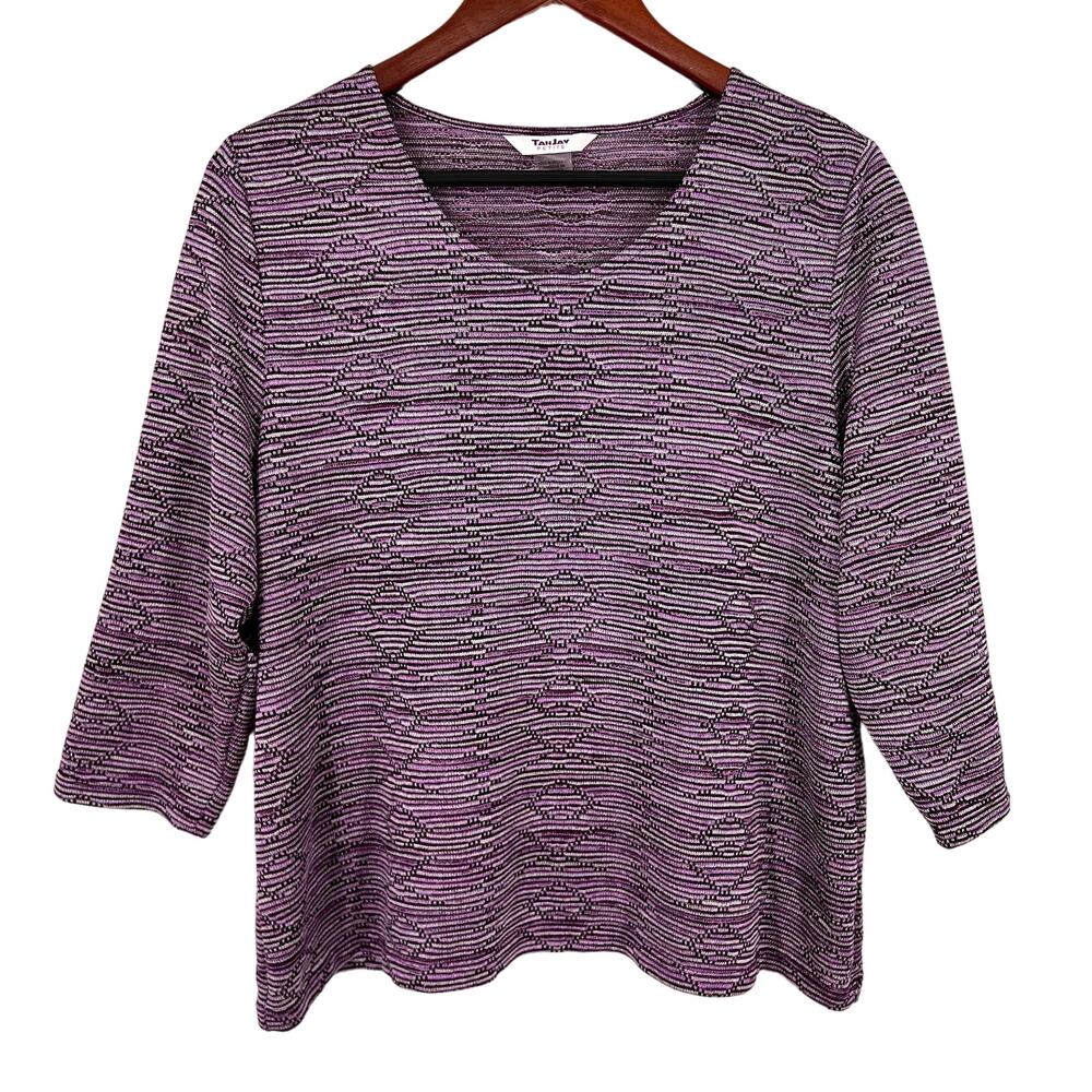 TanJay Petite LP Large Silver Metallic Sparkle Purple Stretchy Blouse Shirt Top